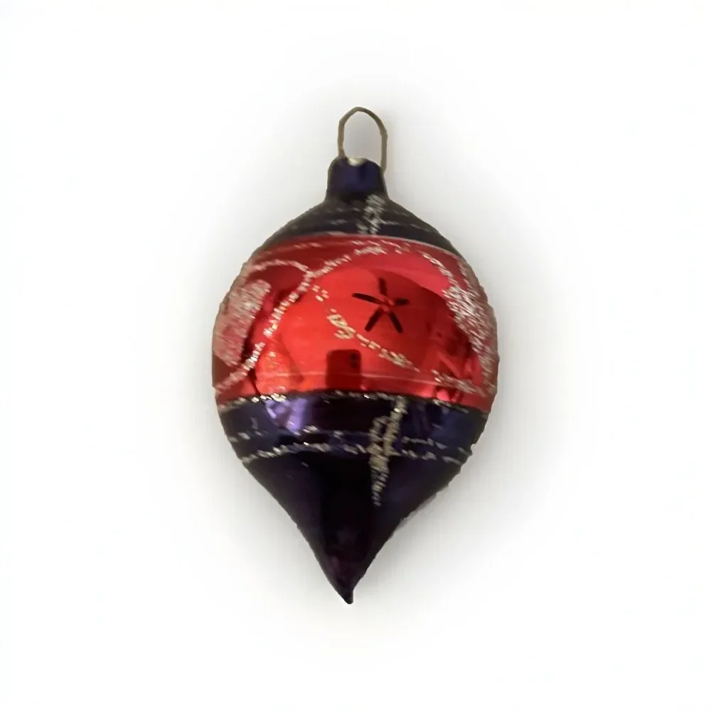 Vintage Hand Painted Blown Glass Teardrop Christmas Ornament Striped Glitter